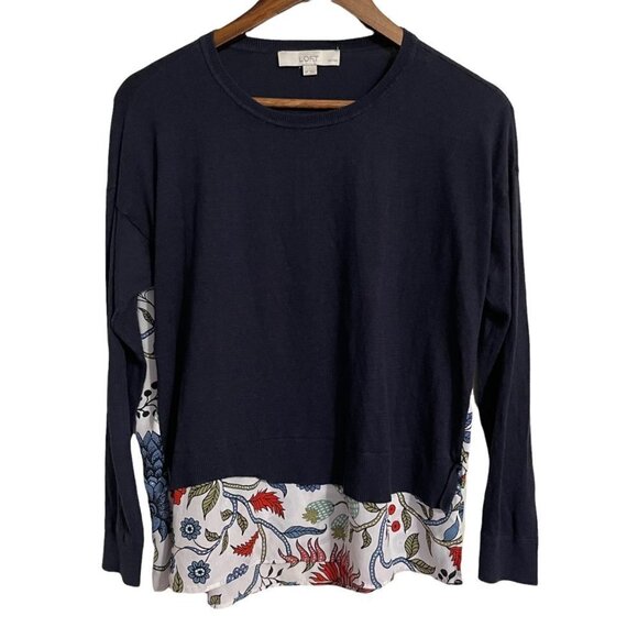 LOFT Women's Navy Blue Floral Semi Sheer Faux Layer Ribbed Cuff Sweater Medium P - Picture 2 of 7
